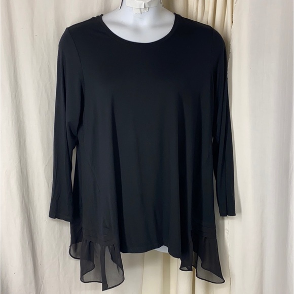 LOGO 1x Lori Goldstein 230 BLACK Knit Top Pleated Chiffon Panels Tunic Boho - Picture 1 of 7